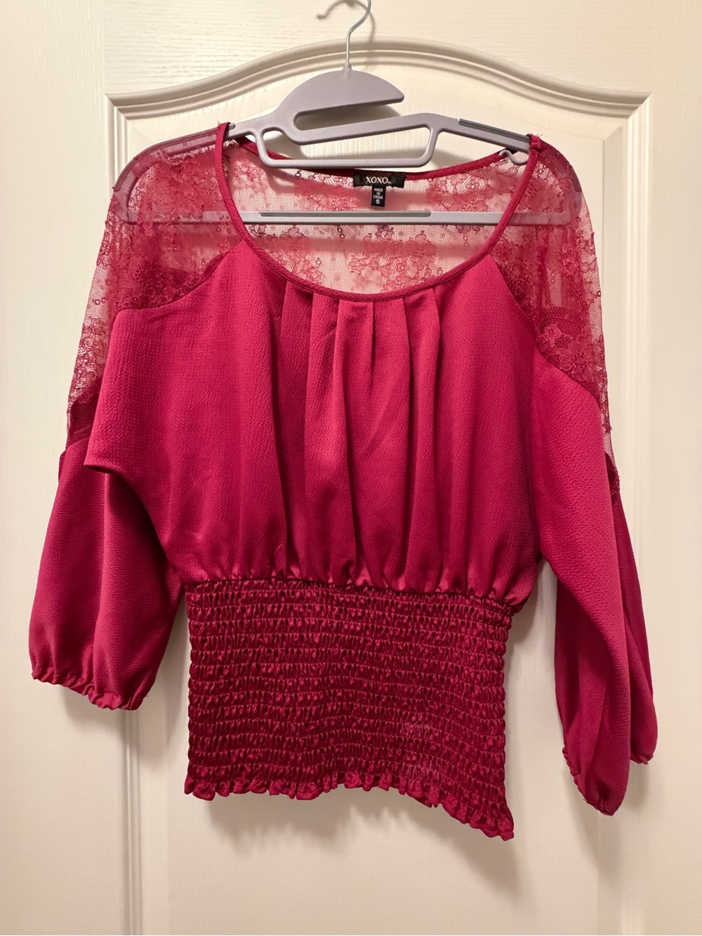 XOXO Hot Pink Lace-Yoke Smocked Waist Blouse